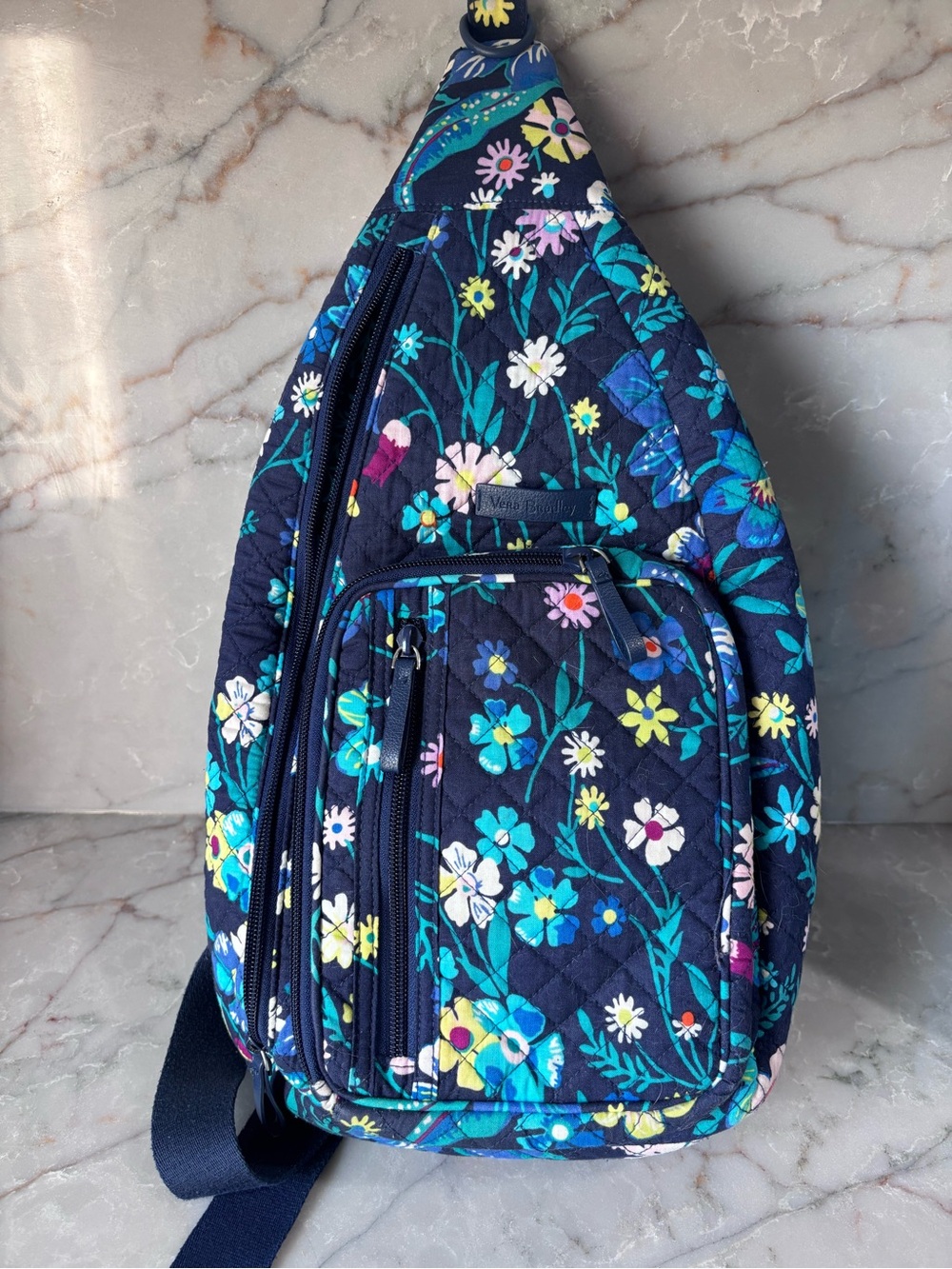Vera Bradley Navy Floral Quilted Sling Backpack with Teal & Yellow Accents
